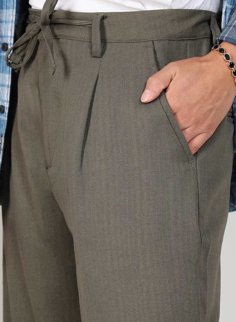 Campus Sutra  Men's Olive Green Tailored Linen-Blend Trousers For Casual Wear | Tailored Fit | 4 Pockets | Drawstring Closure | Trousers Crafted With Comfort Fit For Everyday Wear for Men | Best Price UAE